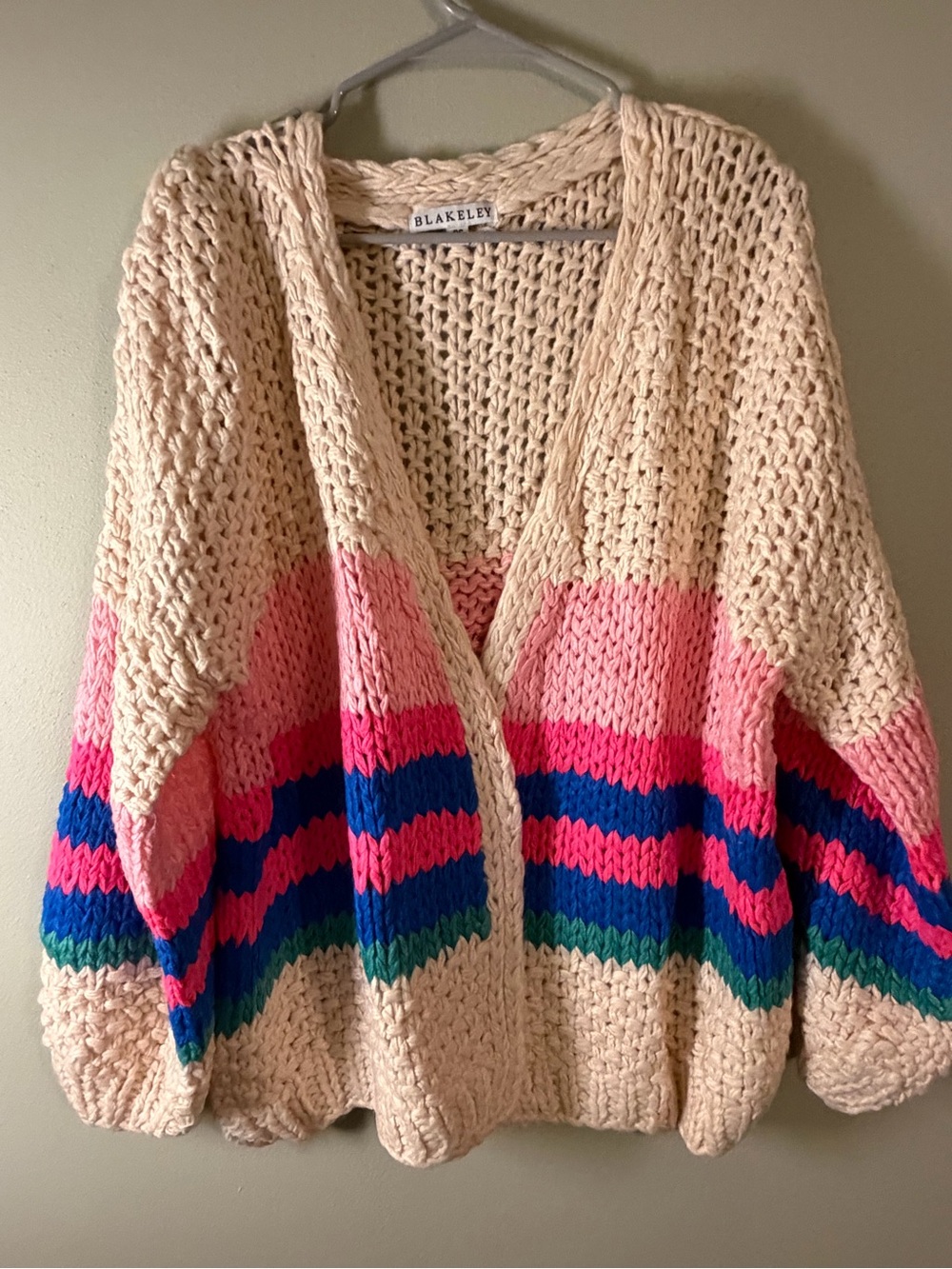 Blakely Cream Open-Front Cardigan with Pink, Blue & Green Stripes